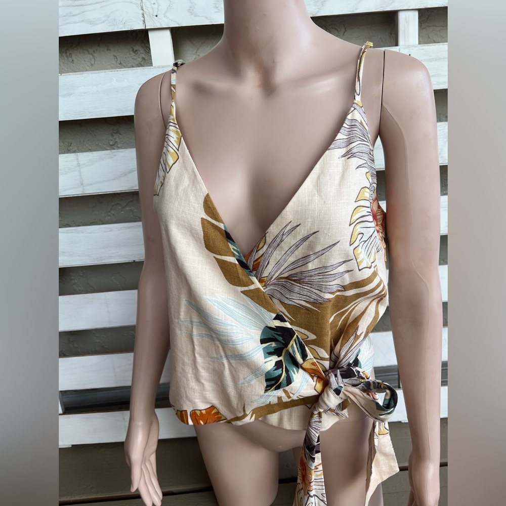 Sage The Label Wrap Linen Bland Tropical Beige Frond Tie Sleeveless Top M